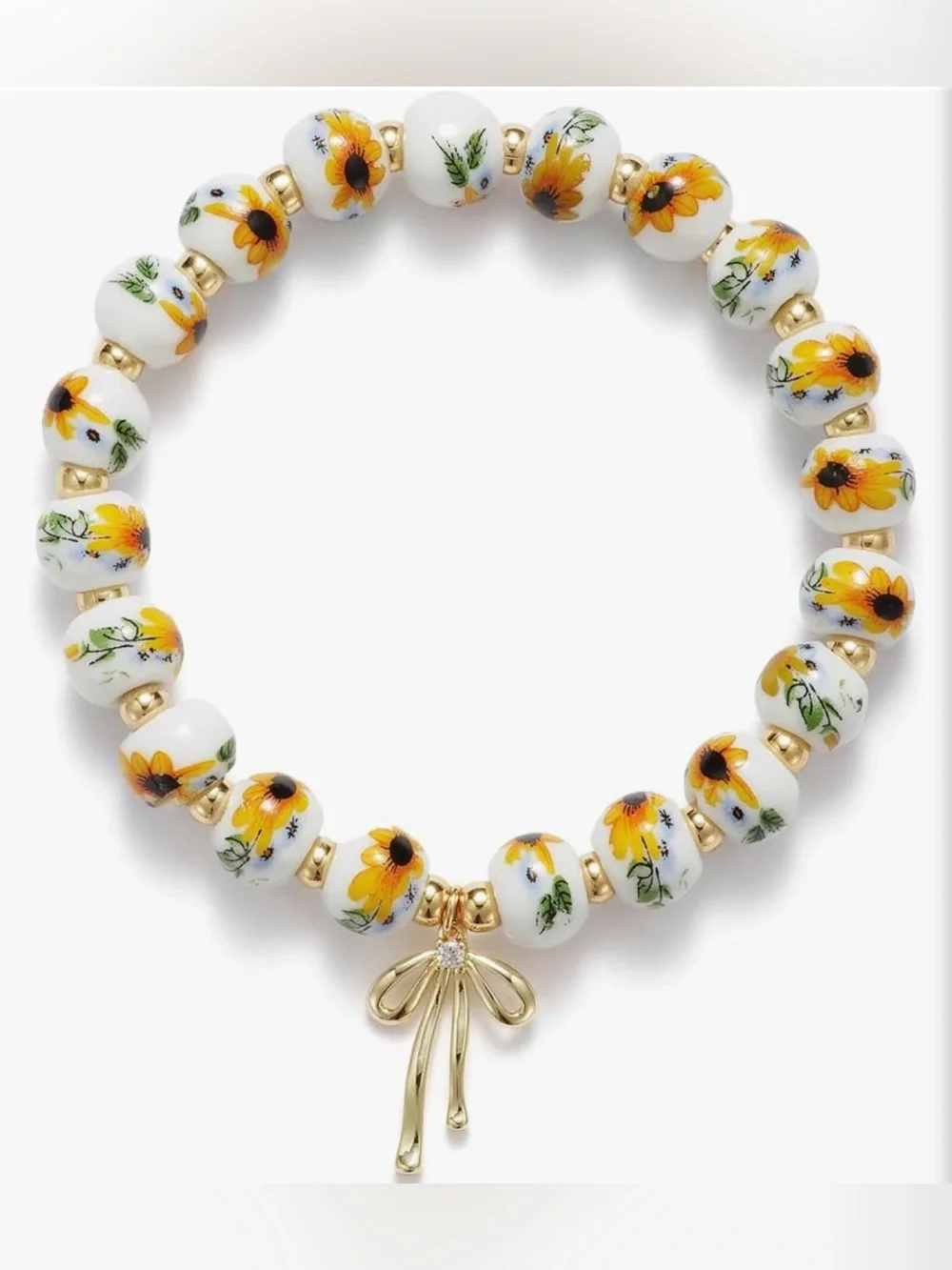 ❤️ Handmade Sunflower Bead Stretch Bracelet 18K Gold Plated White Yellow Bow - Picture 2 of 2
